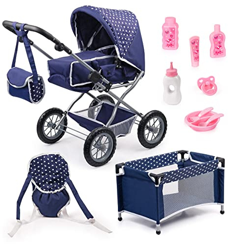 Bayer Design 15051AB Puppenwagen Grande mit Tasche, Puppenbett, Puppentrage, Puppenzubehör, höhenverstellbarer Griff, herausnehmbare Tragetasche