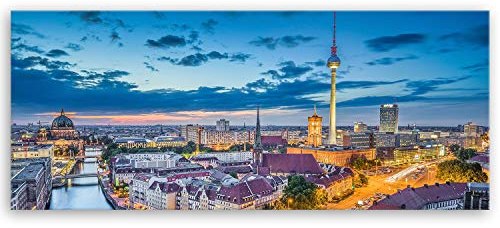 ge Bildet Bild auf Leinwand | Berlin Skyline - Deutschland in 100x40 cm als Panorama Wandbild | Wand-deko Dekoration Wohnung modern Bilder | 1007
