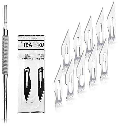 May Set Skalpell Set mit 10x Karbonstahl (einzeln steril verpackt) & Skalpellgriff Nr. 3 mit rundem Griff - Präzisionsmesser für Basteln, Modellbau & Hobby