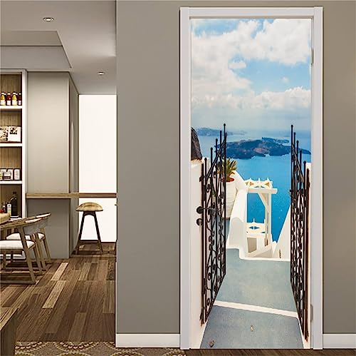 FLFK 3D Türtapete Selbstklebend TürPoster 77x200cm-Hof ägäisch Strand Türaufkleber Abziehen und Aufkleben Mauer Aufkleber Zuhause Dekor(2 Stk/Set)