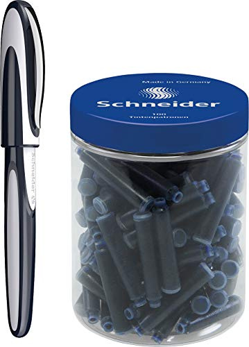 Schneider Ray Tintenroller 1 Stück (nachfüllbar mit Standard-Tintenpatronen, für Links- und Rechtshänder geeignet) dunkelblau/hellgrau + 100 Standardpatronen in blau löschbar