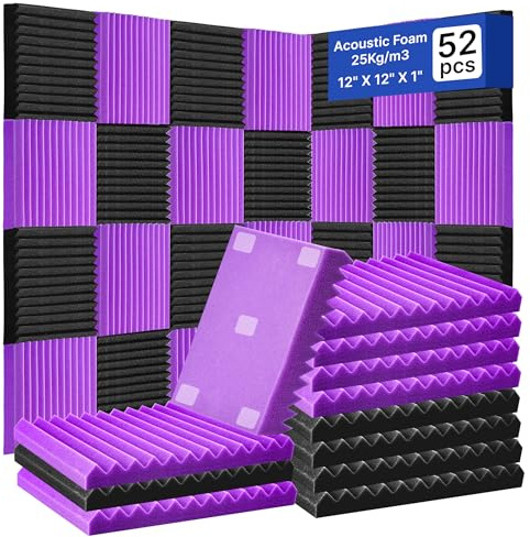 52 Pack Acoustic Foam Panels,1 x 12 x 12Acoustic Wedge Studio Foam Sound Absorption Wall Panels (Black/Purple)