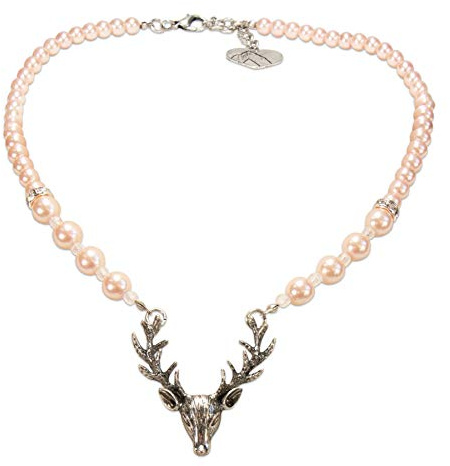 Alpenflüstern Perlen-Trachtenkette Hirsch - Damen-Trachtenschmuck mit Hirsch-Geweih, Elegante Dirndlkette in schwarz und Creme-weiß DHK203