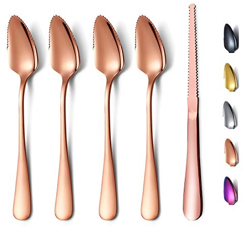 HOMQUEN Ensemble de 5 Cuillères à Pamplemousse Le Cuivre, 4 Cuillères à Pamplemousse en Acier Inoxydable et 1 Couteau à Pamplemousse, Ensemble D'ustensiles de Pamplemousse, Cuillère à Bords Dentelés
