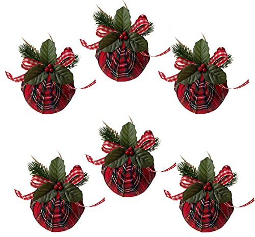 NZXVSE 6 adornos de bolas de Navidad a cuadros, bola de tela a cuadros de Navidad de 8 cm con bayas rojas de acebo, para árbol de Navidad, bola colgante decorativa, 5 tamaños
