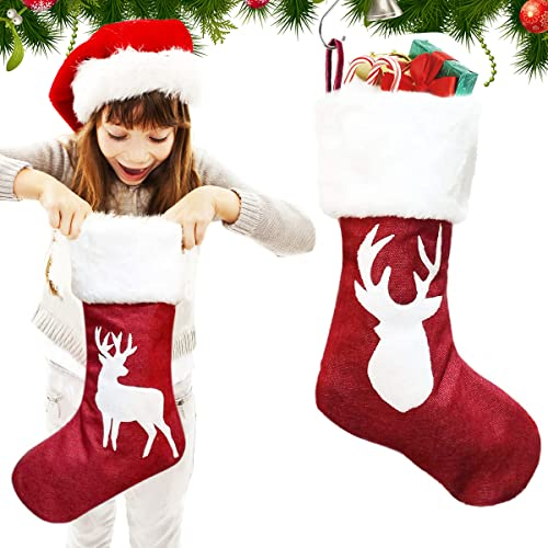 Nikolausstrumpf 2er Set, 18 Groß Weihnachtsstrumpf Personalisiert Kinder, Jute Nikolausstiefel zum Befüllen Kamin Weihnachtsstrümpfe Weihnachten Geschenktaschen Hängende Strümpfe für Weihnachtsdeko