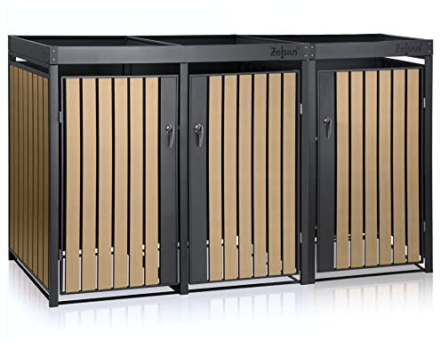 Zelsius Mülltonnenbox 3er mit Pflanzdach für 3 Tonnen | 120-240 Liter | Anthrazit RAL 7016 | Tür in Holzoptik inkl. Erweiterungsmöglichkeit | Mülltonnenhäuschen, Müllboxen