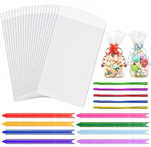 50pcs Cellophane Bags with Ties & Ribbons, Flat Bottom Sweets Clear Bags | 6x10 Inch Transparent Bags with 80 Pull Bows and 50 Ties, Perfect for Candy, Cookies, Christmas, Halloween and Birthday Gifts
