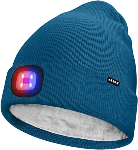 ATNKE Unisex LED Mütze mit Licht,Wiederaufladbare USB 4 LED Rot und Blau Leuchten Blinkender Laufmütze Lampe Warme Gefüttertes Fleece Stricken Mütze für Herren und Damen Geschenke/Peacock Blue