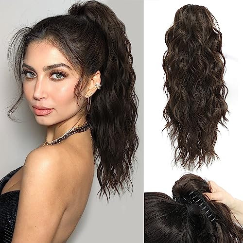 FINE PLUS Ponytail Extension Claw Clip Synthetic Curly Wave Ponytail Hairpiece 18inch Dark Chocolate Brown