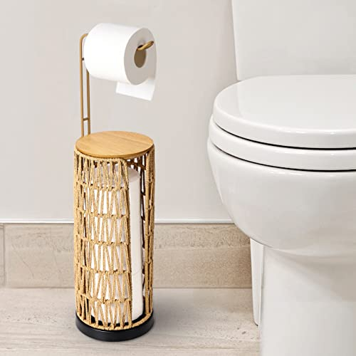 Distributeur de Papier Toilette Autonome Rangement avec étagère, Distributeur de Papier Toilette de Salle de Bain Debout, Rangement de Papier Toilette en rotin Boho pour 4 Rouleaux de Papier Toilette