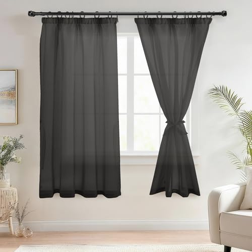 DWCN Gardinen mit Kräuselband Vorhänge Transparent Schwarz H 175 x B 140 cm | 2er Set, Durchsichtig，Leinenoptik，Gardine mit Raffhalter, für Schienensystem, für Wohnzimmer Schlafzimmer Kinderzimmer