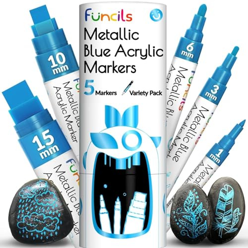 5 pennarelli a vernice acrilica blu metallizzata, punta extra fine, sottile e jumbo (1 mm, 3 mm, 6 mm, 10 mm, 15 mm), pennarelli blu per metallo, tessuto, plastica, tela, legno, pittura su roccia,