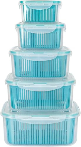 EASYLOCK 5Pack Plastic Food Storage Containers Set with Drain Basket Fruit Storage Containers for Fridge Airtight BPA Free Multi Functional for Fresh Vegetables and Fruit