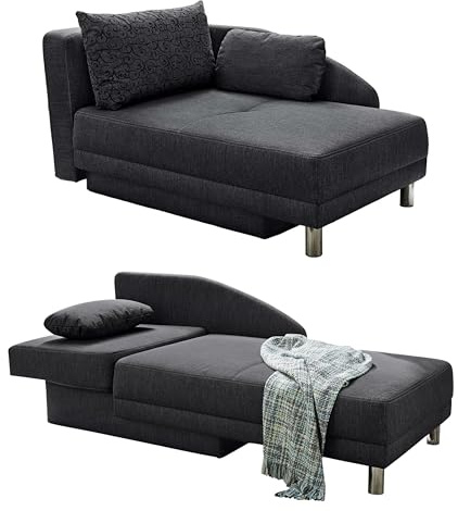 Stilvolle Recamiere mit Federkernpolsterung, Schlaffunktion, Bettkasten, B149/T90/H80 cm, ausziehbar zur Liegefläche von 200 x 84 cm, Stoff Flachgewebe in Anthrazit / 15121