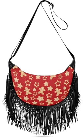 FRODOTGV Sac à main de Noël rouge en pain d'épices pour femme - Sac à bandoulière tendance avec pompons pour femme, Pain d'épices rouge, 1 size