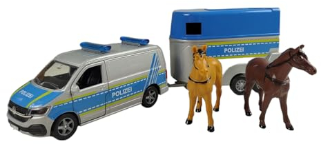 Kids Globe VW Transporter Polizei mit Pferdeanhänger Die Cast Pull Back 28cm, Spielzeug für Kinder, 520359, Blau