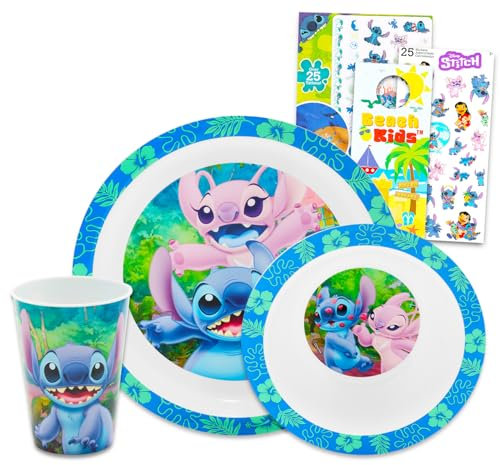 Disney Juego de vajilla Stitch para niños pequeños, paquete de 3 accesorios de cocina con plato de cena, taza con tapa y pajita, calcomanías, más | Juego de cubiertos Lilo and Stitch