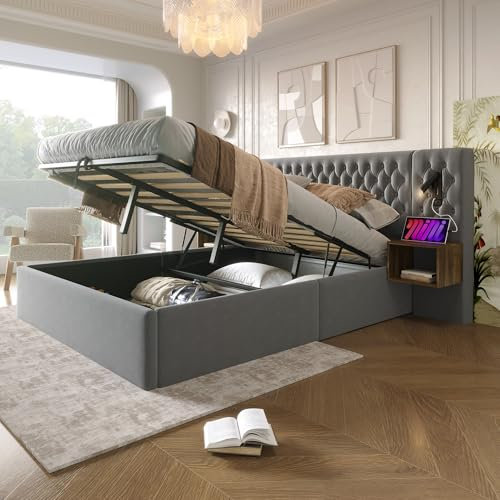Merax Polsterbett Doppelbett Bettanlage mit 2 Nachtkommoden, Funktionsbett mit Kopfteil Leselicht & USB Ladefunktion, Hydraulisch Stauraumbett, klassischer Stil, Samt, 160×200cm, Ohne Matratze, Grau