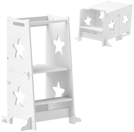 AIYAPLAY Torre Montessoriana Bambini Convertibile in Set Tavolo e Sedie con Barra di Sicurezza, Sgabello per Bambini 3-6 Anni in Legno, Torre di Apprendimento per Bagno, Cucina e Toilette, Bianco