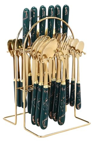 24-Piece Golden & Dark Green Stainless Steel Cutlery Set with Stand, Knife Fork and Spoons Service for 6 People, Reusable Easy Clean