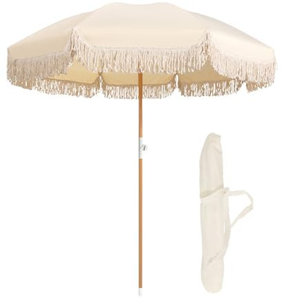 Parasol de plage avec frange, 200 cm, fonction d'inclinaison, parasol pour jardin, balcon, imperméable, portable, avec protection UV et sac de transport, 8 baleines robustes pour plus de durabilité