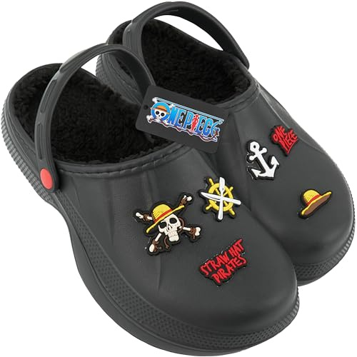 Get Trend One Piece Zuecos Niño Invierno Forrados, Anime Zapatillas de Casa con Pelo Suave, Clogs Antideslizantes, Regalos para Niños (34/35 EU, Negro One Piece)