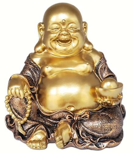 Estatua De Buda Sonriente, Estatuilla Dorada De Buda Que Sostiene La Resina Yuanbao, Escultura De Buda para La Riqueza Y Las Decoraciones De La Mesa De Buena Suerte