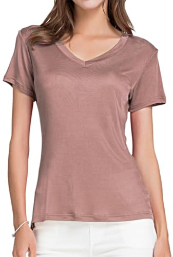 Dam mullbärssilke t-shirts, basic, v-ringad, kortärmad, t-shirt, toppar, casual, t-shirts, stickade silkesblus, vardagskläder, underkläder, Kaffe, M