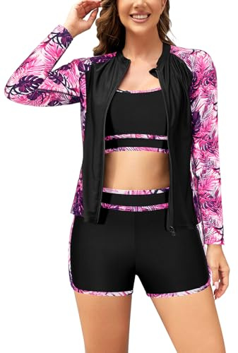 SHEKINI Frauen 3 Stück Rash Guard Langarm Badeanzüge Zip Up Sonnenschutz Schwimmen Shirts in BH mit Boyshorts gebaut