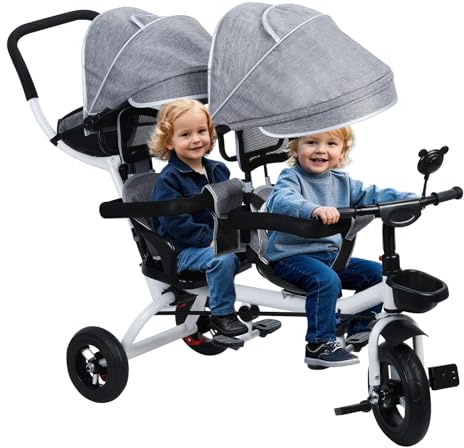 Doppel-Kinderwagen Tandem-Dreirad-Buggy-Kinderwagen – Doppelsitz mit Baldachin für Kinder von 2–8 Jahren, leichter und langlebiger Doppel-Kinderwagen für einfachen Transport und Komfort.