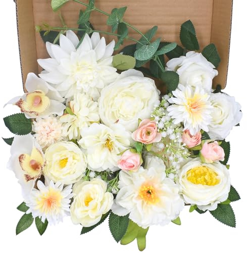DOUBFIVSY 22PCS Rosas Flores Artificiales, Flores Falsos de Seda Rosas Dalia con Tallos para DIY Manualidades de Boda, Centros de Mesa, San Valentín Día, Madre día Fiesta Hogar Decoración (Blanco)