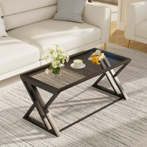 Coffee Table, Living Room Table, Center Tea Table, Glass Coffee Table | End Side table with Black Metal Frame for Living Room Bedroom Office, Modern Open Design, 100 x 48 x 45 cm, Grey Glass