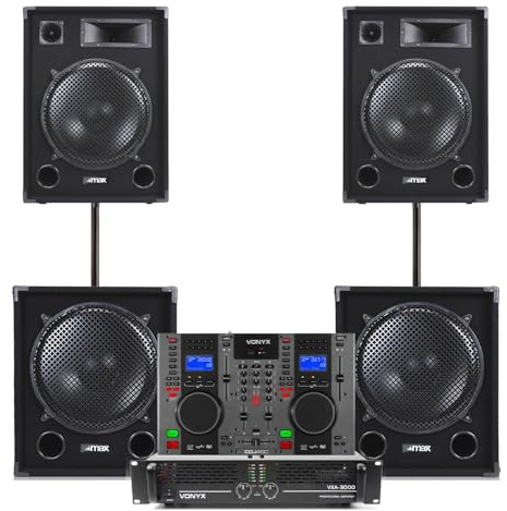 MAX 2x 15 Passive DJ Speaker Full System with 15 Subwoofers, CD DJ Mixer & 3000W Amp – Pro DJ Gear Package for PA, Mobile Events, Parties – All Cables, Speaker Poles, Crossover Included Setup