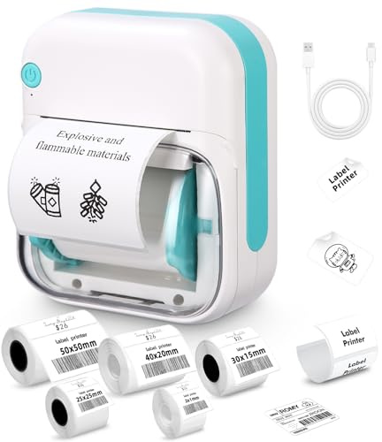heuchaey B3 Bluethooth-etikettskrivare, bärbar termisk etikettskrivare, termoskrivare, trådlös etikettmaskin med 5 rulle etikett, för kontor, skola, hem,termoskrivare för smartphones, blå