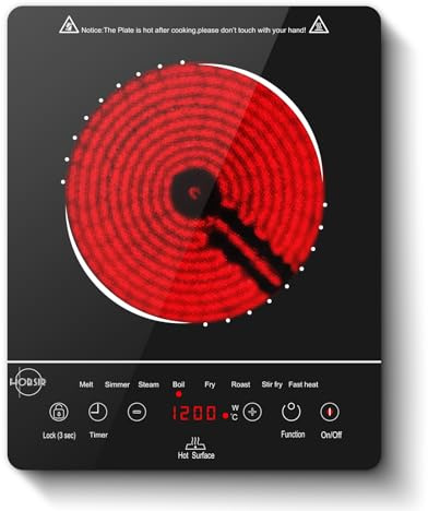 Hobsir hob Herdplatte 1 Kochfeld mit Stecker,tragbares Glaskeramik-Kochfeld | 2000 Watt, 9 Leistungsstufen, Touchbedienung, Kindersicherung, 220-240V/50Hz