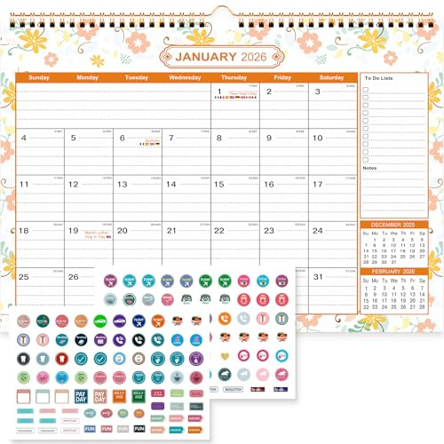Benjia Väggkalender 2026-2027, Månadskalender Januari 2026 till Juni 2027 (18 Månader), Årsplaner 2026 Vägg Familjekalender 2026 Familjekalender 2026 med planeringsklistermärken (A4, Blomma)