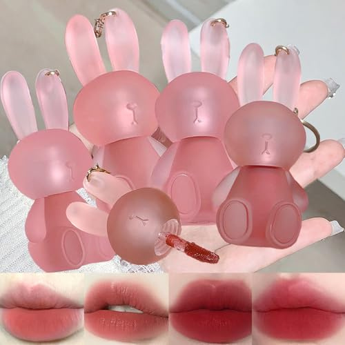 Lot de 3 rouges à lèvres liquides mats en velours - Glaçage à lèvres mignon lapin 2 en 1 - Porte-clés - Brillant à lèvres - Imperméable - Antiadhésif - Longue durée - Maquillage à lèvres mignon pour