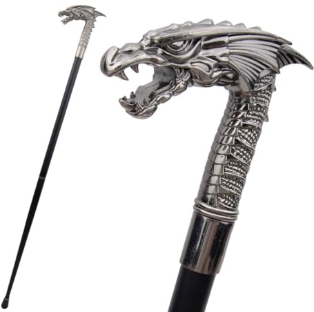 FHUILIJH Tête de Dragon Canne bâton de Marche Alliage Fait à la Main Canne déguisement Fantaisie Accessoires,Argent,91cm