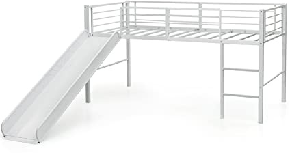 FANTASK Hochbett Kinder mit Rutsche und Leiter, 198 x 96 x 109 cm, Kinderbett mit Sicherheitsschienen, Eisenbett für Kinderzimmer & Kindergarten (Weiß)