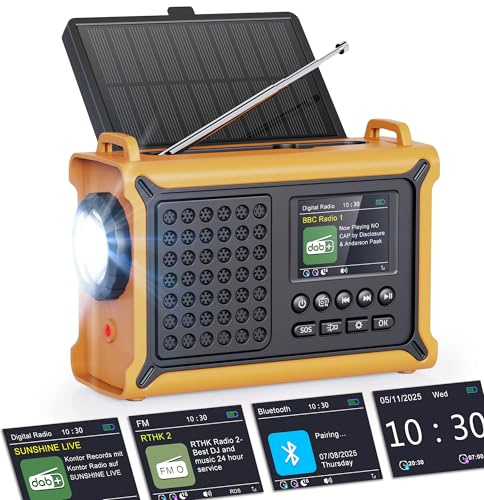 ROCAM DAB Solar Wind-Up Radio with Hand Crank Power, 12000mAh Rechargeable Radio with Bluetooth 5.0, 2.4 LCD Color Display, 5W Flashlight with 120dB SOS for Survival Emergency Camping