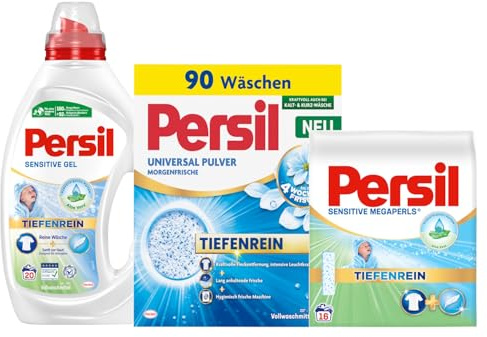 PERSIL Universal Pulver Morgenfrische 90 WL 4,95 kg + Megaperls Sensitive 16 WL 1,04 kg + Kraft-Gel Sensitive 20 WL 900 ml – Schonendes Waschmittel Set für empfindliche Wäsche