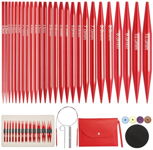 Iswawo Auswechselbare Rundstricknadeln Set, 13 Paare 3,0-10,0 mm Circle Knitting Needle Stricknadeln Naus mit 4 Seile Tasche, für Strickprojekte, Anfänger & Profis geeignet, Aluminium (Rot)