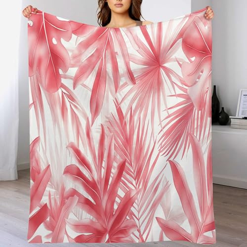 Morbida Coperta E Copriletti Bianco Rosato Albero Di Banana Con Foglie Di Palma,Flanella Soffice Calda Microfibra,Acquerello Tropicale 3D Per Sedia Ufficio Divano Camera Letto Sherpa Adulto,220X240Cm
