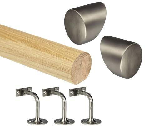 Oak Round Mopstick Handrail Kit with Wall Brackets & Forge End Caps – 1800–4200mm, Chrome/Black/Brushed Nickel/Antique Brass (Brushed Nickel, 2400mm)