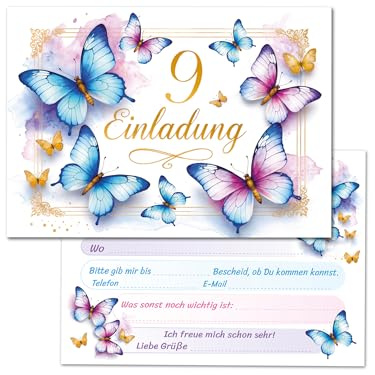 JuNa-Experten 12 Einladungskarten zum 9. Kindergeburtstag Mädchen Kinder Schmetterling coole Einladungen neunte Geburtstag Mädchengeburtstag Geburtstagseinladungen