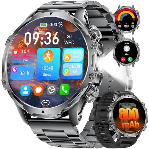 Smartwatch Herren Militär, 1.85'' Display Smartwatch mit 800 mAh Akku/LED Taschenlampe/Telefonfunktion, Fitnessuhr: 100+ Sportmodi/IP68 Wasserdicht,Herzfrequenz/Schlafmonitor,Android iOS(FV15 Schwarz)