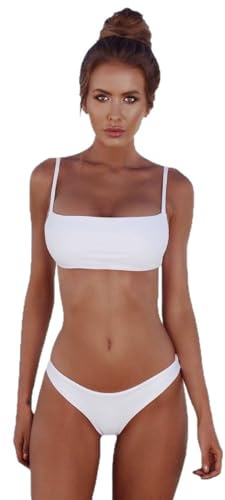 Liooce Costume da Bagno Sportivo Donna Bianco, Bikini Due Pezzi con Top a Fascia e Slip SGAMBATO (IT, Testo, XL, Regular, Regular)