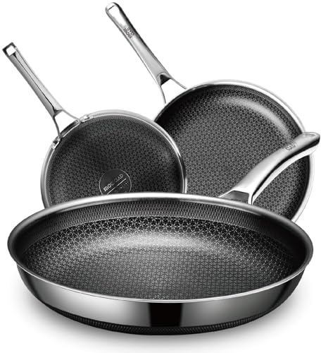 SNOWCLAD Non-Stick Frying Pan Set 3 Pieces 20/24/28cm, Stainless Steel Hybrid Skillets, PFOA-Free, Suitable for All Hob Types