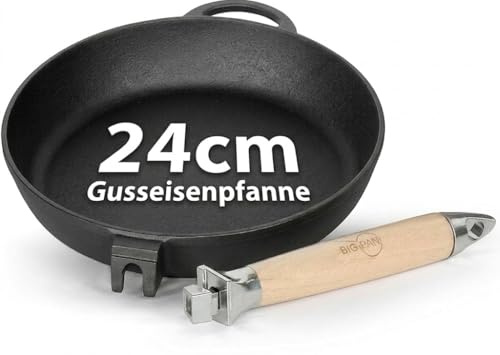 Sartén de hierro fundido 24 cm, profundidad 4,5 cm, compatible con inducción y todo tipo de cocinas, mango de madera extraíble, sin revestimiento, precurada, lista para usar